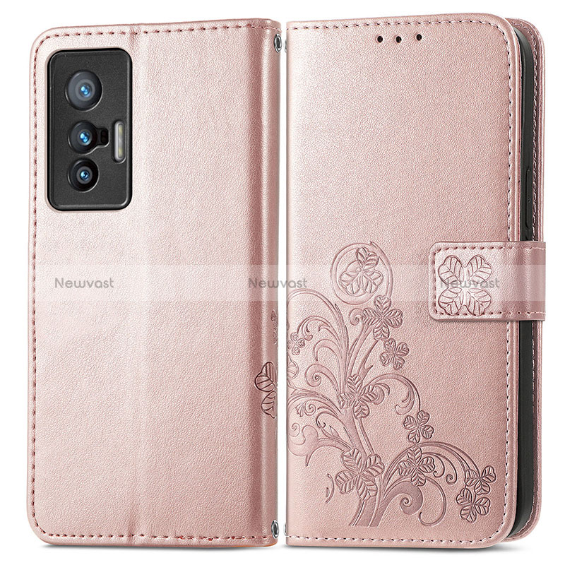 Leather Case Stands Flip Flowers Cover Holder for Vivo X70 5G Pink