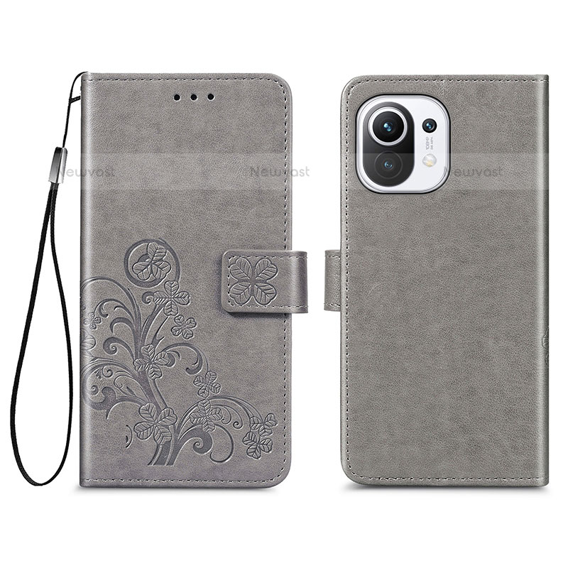 Leather Case Stands Flip Flowers Cover Holder for Xiaomi Mi 11 5G Gray