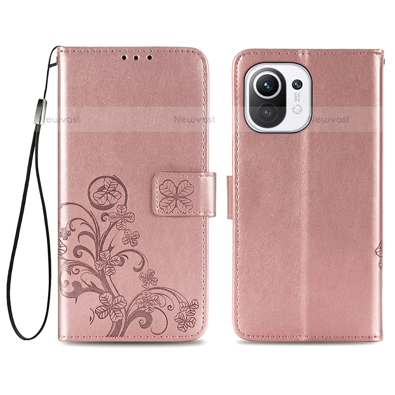 Leather Case Stands Flip Flowers Cover Holder for Xiaomi Mi 11 Lite 5G Pink