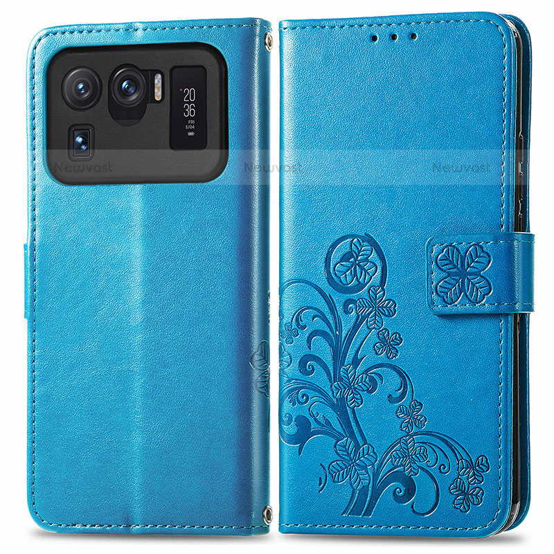Leather Case Stands Flip Flowers Cover Holder for Xiaomi Mi 11 Ultra 5G Blue