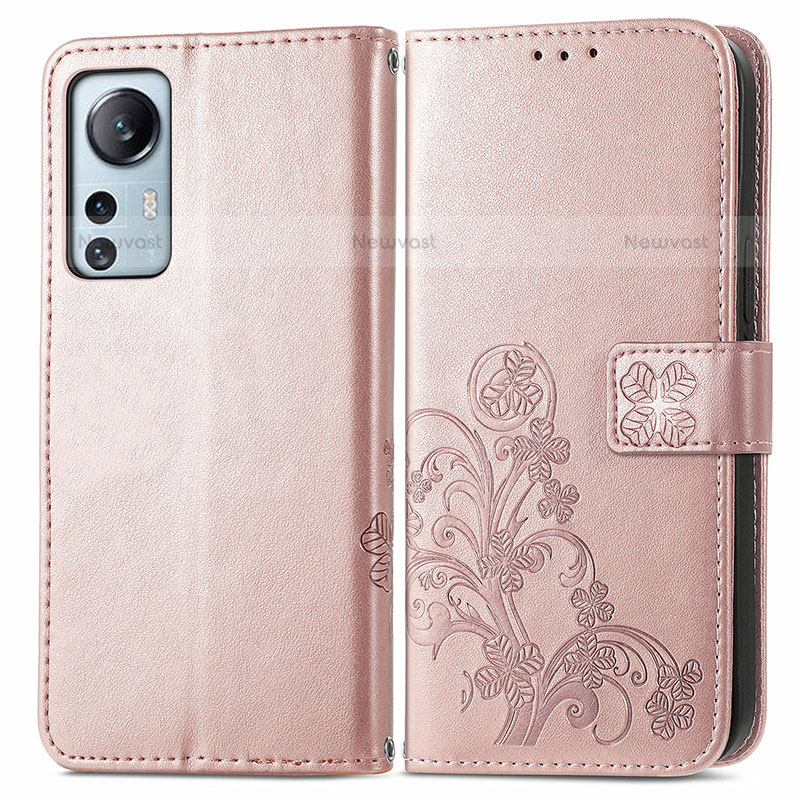 Leather Case Stands Flip Flowers Cover Holder for Xiaomi Mi 12 Lite 5G Pink