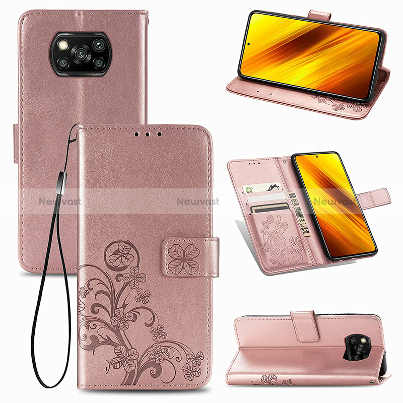 Leather Case Stands Flip Flowers Cover Holder for Xiaomi Poco X3 NFC Pink