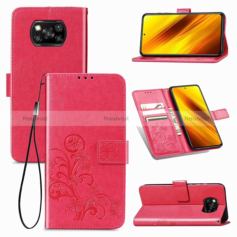 Leather Case Stands Flip Flowers Cover Holder for Xiaomi Poco X3 NFC Red
