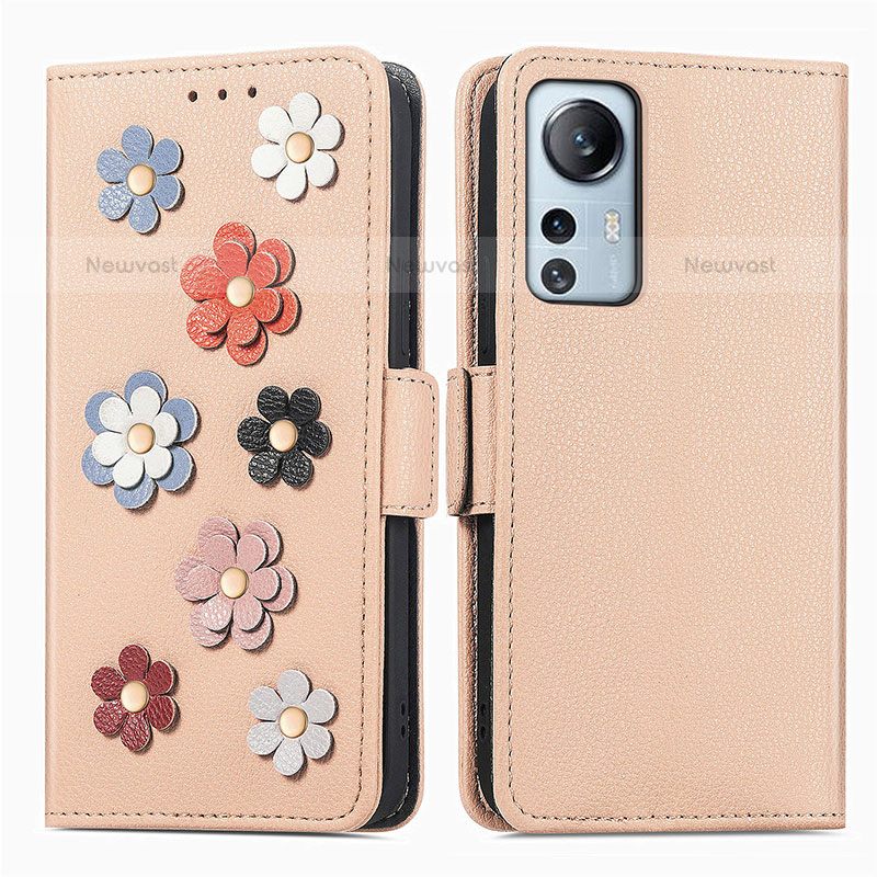 Leather Case Stands Flip Flowers Cover Holder L01 for Xiaomi Mi 12 Lite 5G Gold