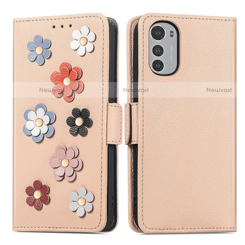 Leather Case Stands Flip Flowers Cover Holder S02D for Motorola Moto E32 Khaki
