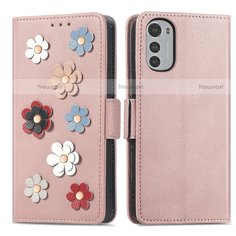 Leather Case Stands Flip Flowers Cover Holder S02D for Motorola Moto E32s