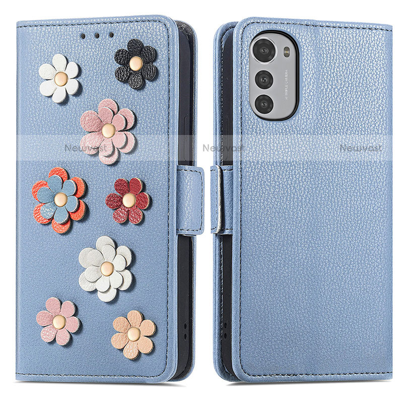 Leather Case Stands Flip Flowers Cover Holder S02D for Motorola Moto E32s Blue