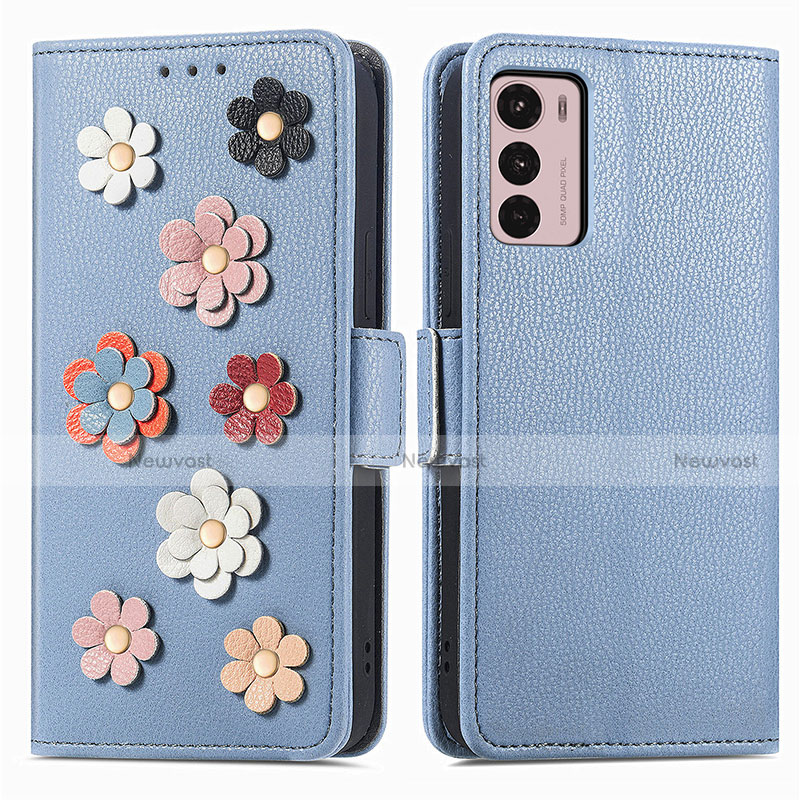 Leather Case Stands Flip Flowers Cover Holder S02D for Motorola Moto G42 Blue