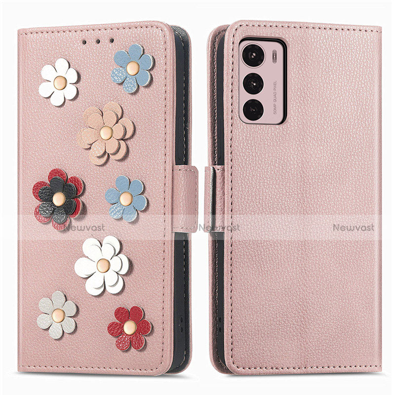 Leather Case Stands Flip Flowers Cover Holder S02D for Motorola Moto G42 Rose Gold
