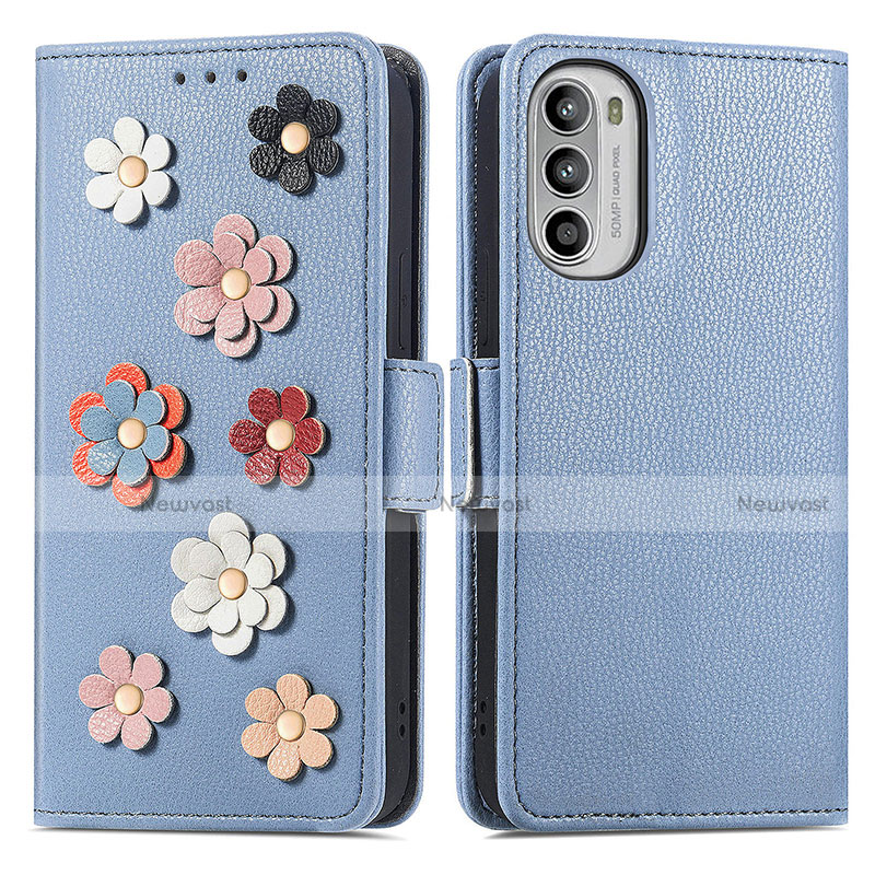 Leather Case Stands Flip Flowers Cover Holder S02D for Motorola MOTO G52 Blue