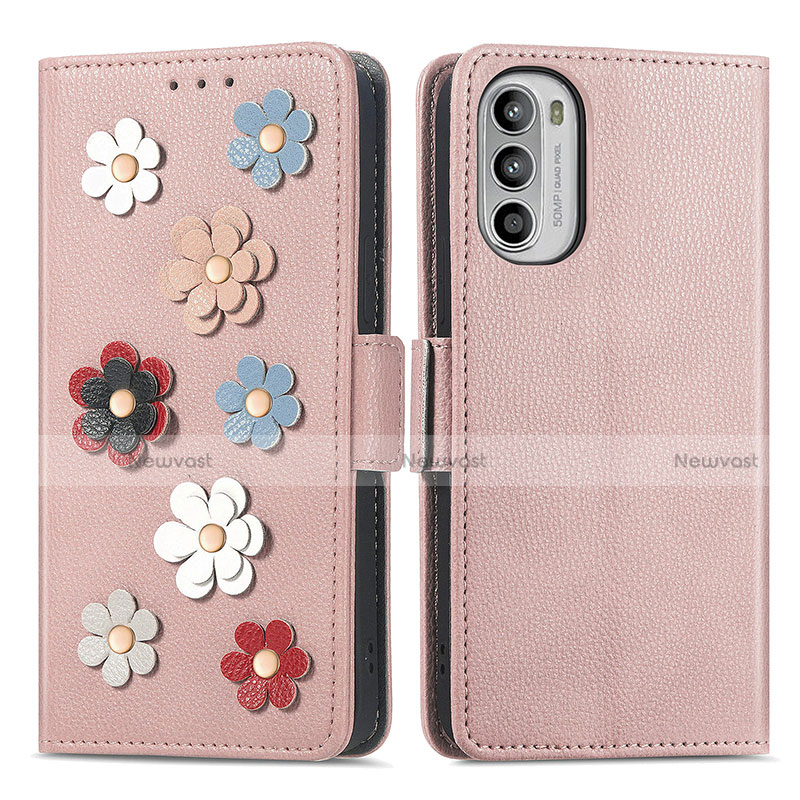 Leather Case Stands Flip Flowers Cover Holder S02D for Motorola MOTO G52 Rose Gold