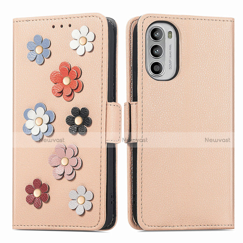 Leather Case Stands Flip Flowers Cover Holder S02D for Motorola Moto G52j 5G Khaki