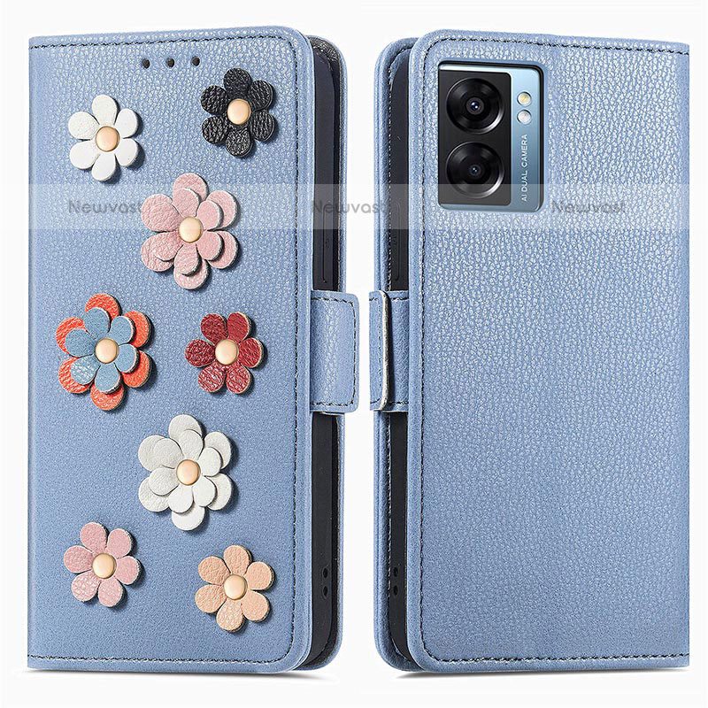 Leather Case Stands Flip Flowers Cover Holder S02D for OnePlus Nord N300 5G Blue