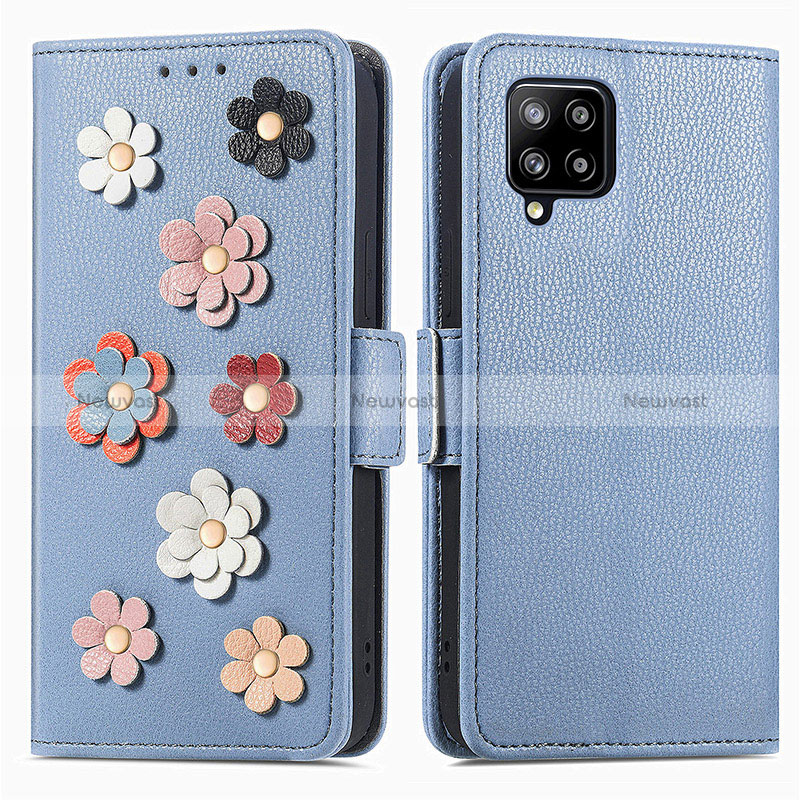 Leather Case Stands Flip Flowers Cover Holder S02D for Samsung Galaxy A42 5G Blue