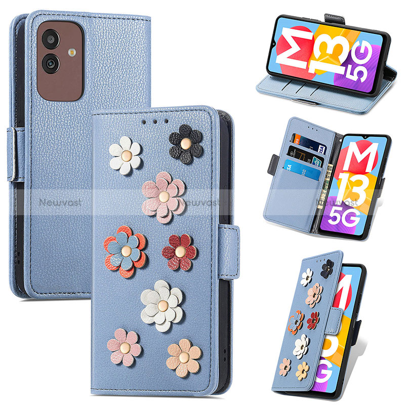 Leather Case Stands Flip Flowers Cover Holder S02D for Samsung Galaxy M13 5G