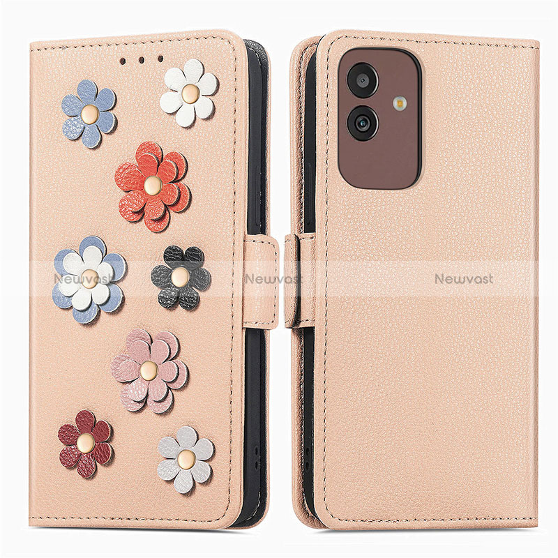 Leather Case Stands Flip Flowers Cover Holder S02D for Samsung Galaxy M13 5G Khaki