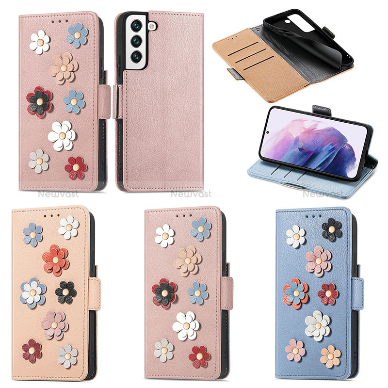 Leather Case Stands Flip Flowers Cover Holder S02D for Samsung Galaxy S22 Plus 5G