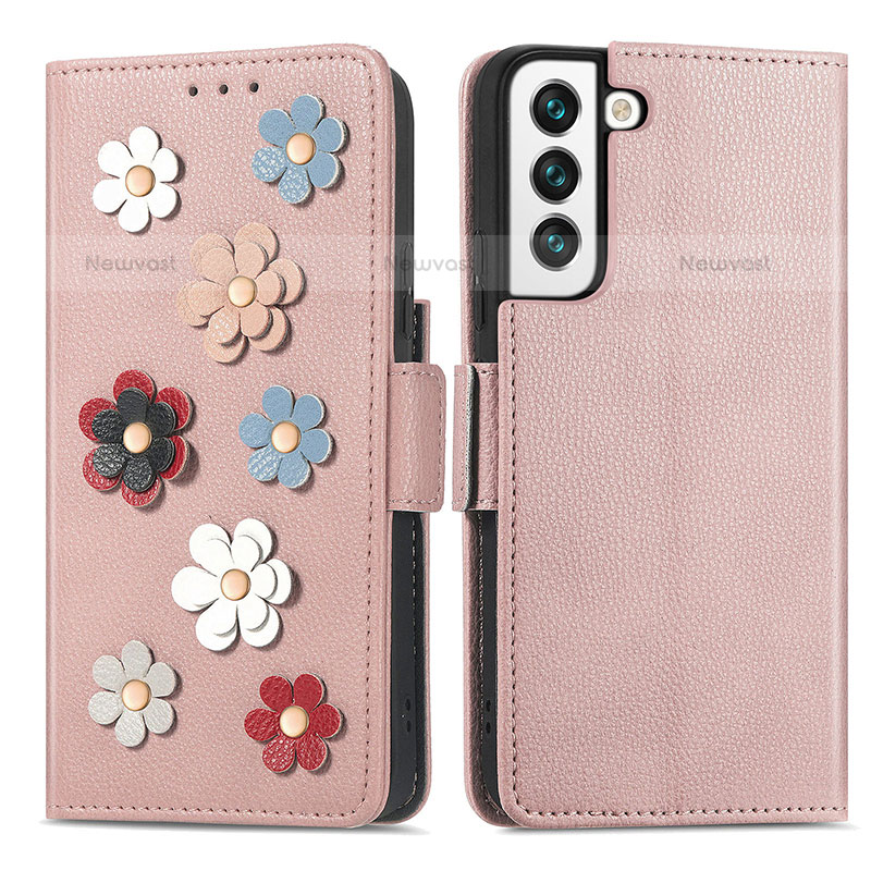 Leather Case Stands Flip Flowers Cover Holder S04D for Samsung Galaxy S22 5G Rose Gold