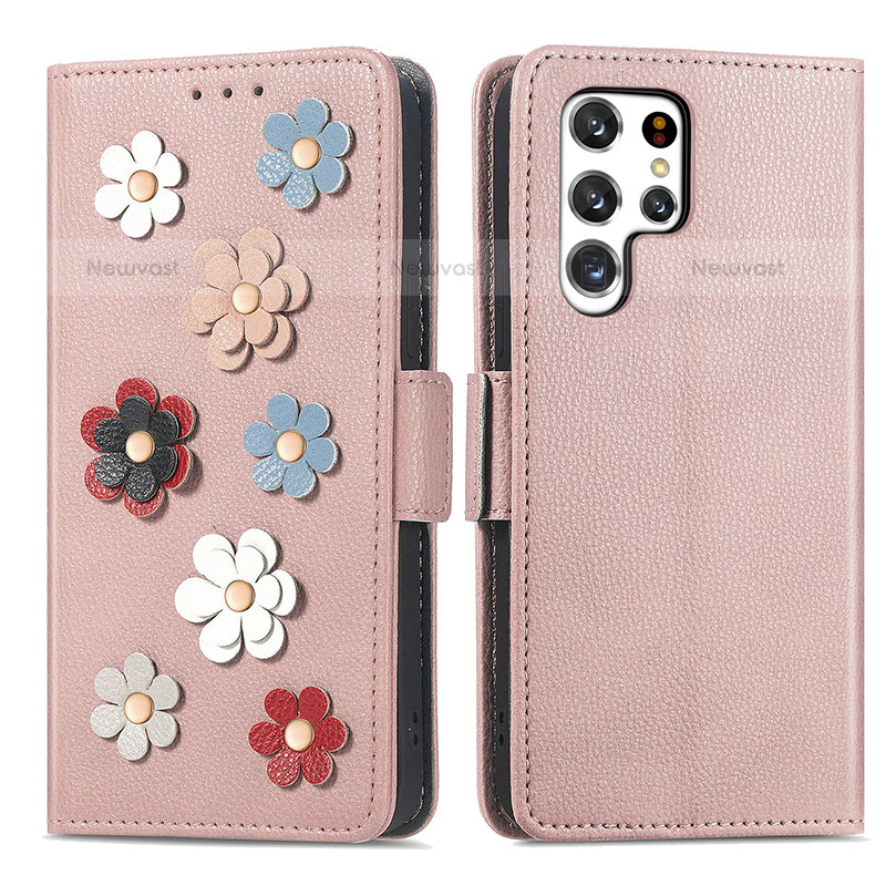 Leather Case Stands Flip Flowers Cover Holder S04D for Samsung Galaxy S22 Ultra 5G Rose Gold