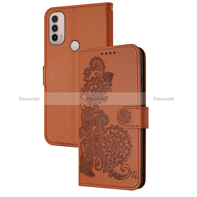 Leather Case Stands Flip Flowers Cover Holder Y01X for Motorola Moto E40 Brown