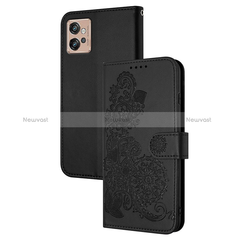 Leather Case Stands Flip Flowers Cover Holder Y01X for Motorola Moto G32 Black