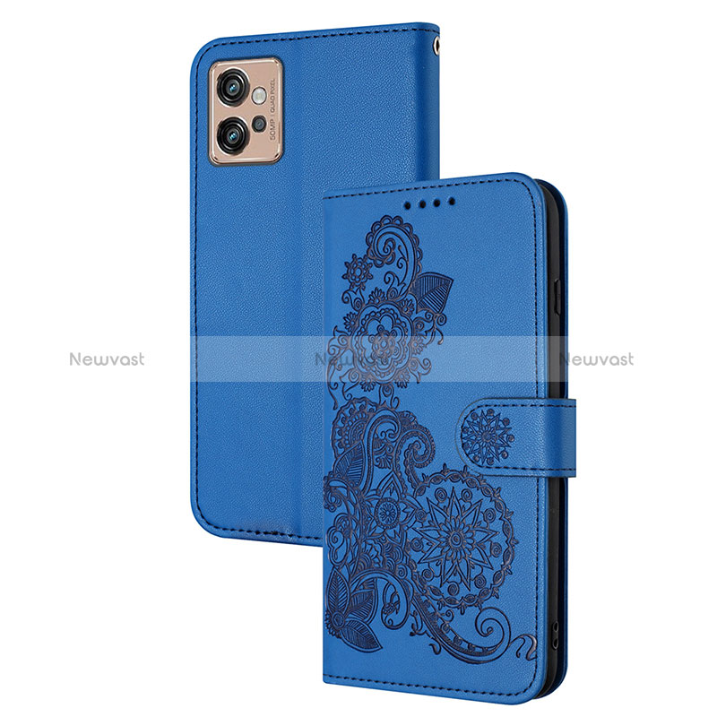 Leather Case Stands Flip Flowers Cover Holder Y01X for Motorola Moto G32 Blue