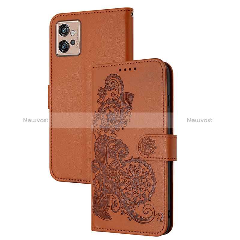 Leather Case Stands Flip Flowers Cover Holder Y01X for Motorola Moto G32 Brown