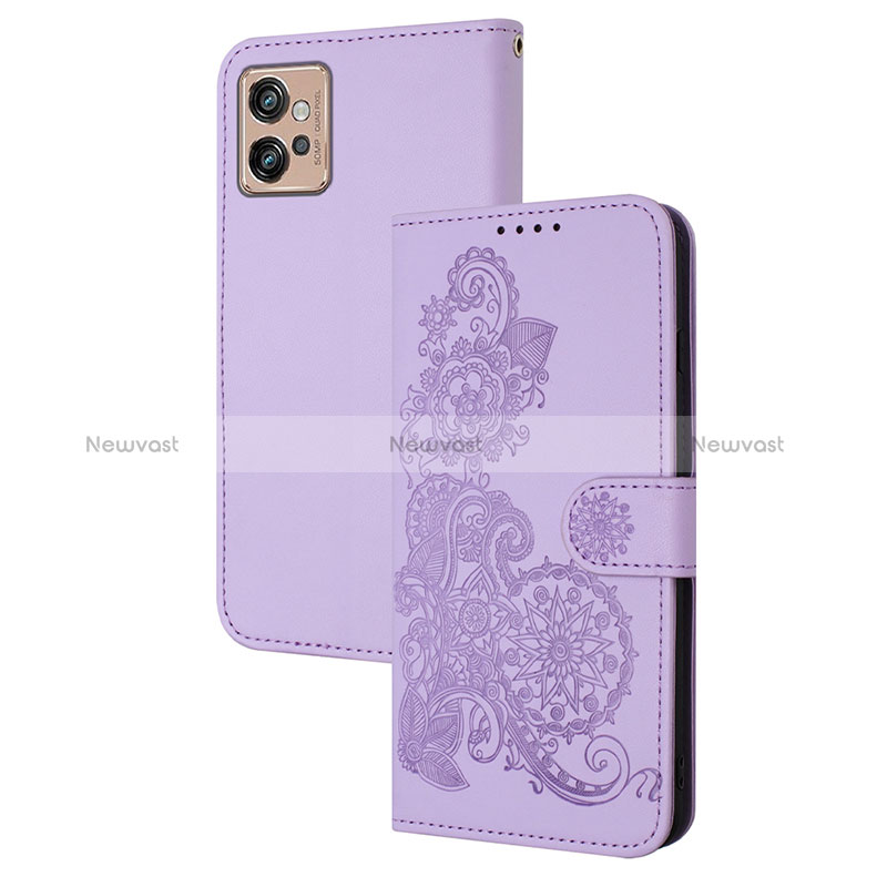 Leather Case Stands Flip Flowers Cover Holder Y01X for Motorola Moto G32 Purple