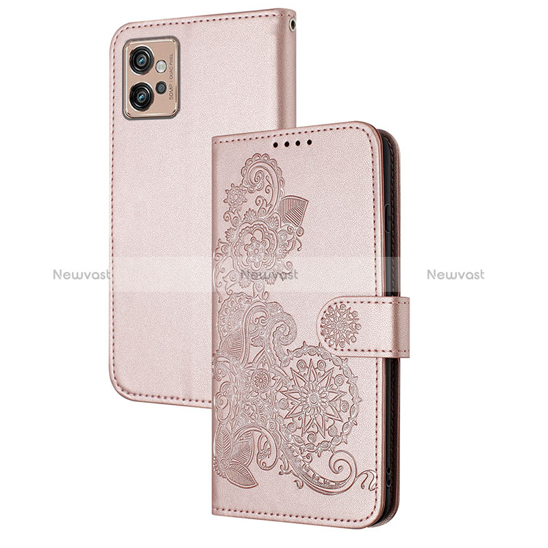 Leather Case Stands Flip Flowers Cover Holder Y01X for Motorola Moto G32 Rose Gold