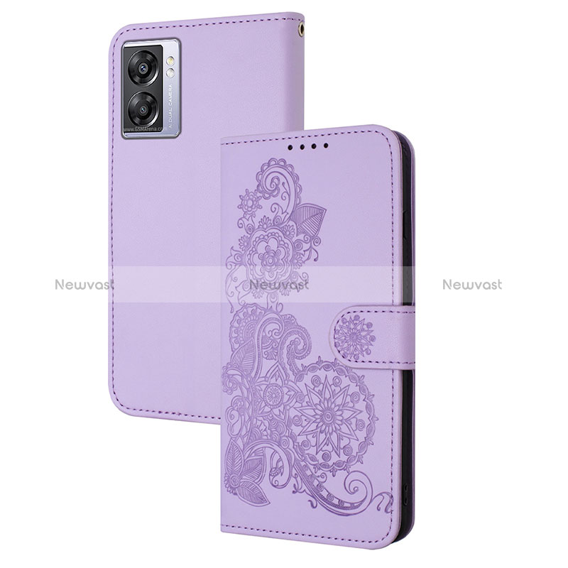 Leather Case Stands Flip Flowers Cover Holder Y01X for OnePlus Nord N300 5G Purple