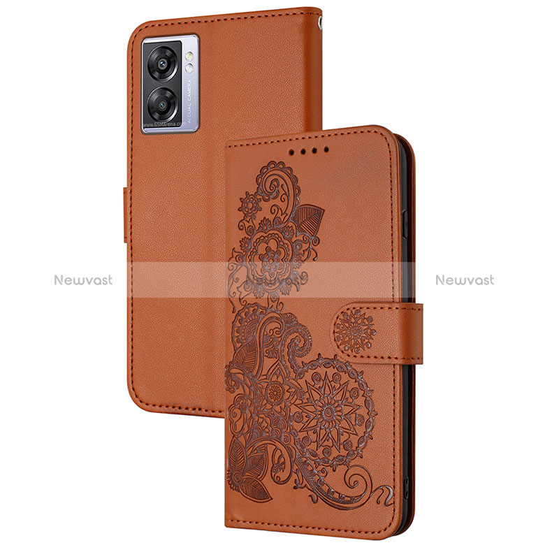 Leather Case Stands Flip Flowers Cover Holder Y01X for Oppo A57 5G Brown