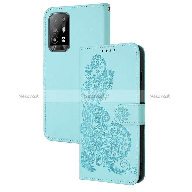 Leather Case Stands Flip Flowers Cover Holder Y01X for Oppo A94 5G Mint Blue