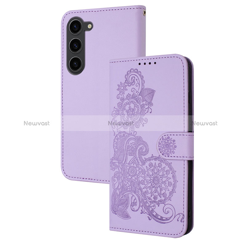 Leather Case Stands Flip Flowers Cover Holder Y01X for Samsung Galaxy S22 5G Purple