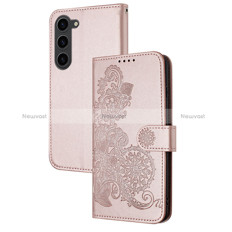 Leather Case Stands Flip Flowers Cover Holder Y01X for Samsung Galaxy S22 Plus 5G Rose Gold