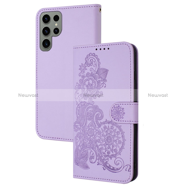 Leather Case Stands Flip Flowers Cover Holder Y01X for Samsung Galaxy S22 Ultra 5G Purple