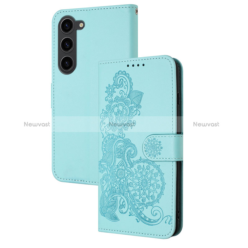 Leather Case Stands Flip Flowers Cover Holder Y01X for Samsung Galaxy S23 Plus 5G Mint Blue