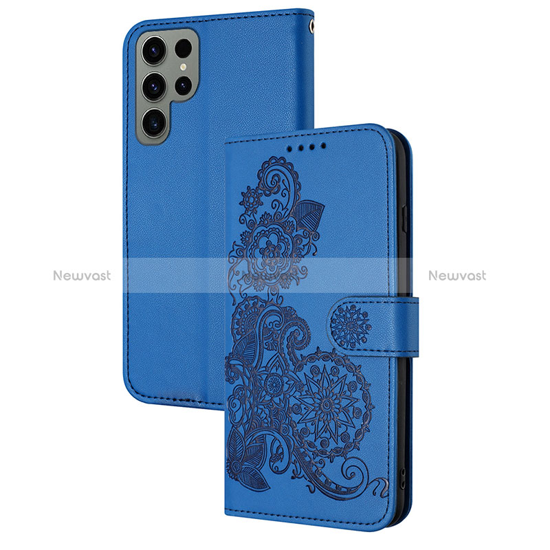Leather Case Stands Flip Flowers Cover Holder Y01X for Samsung Galaxy S23 Ultra 5G Blue