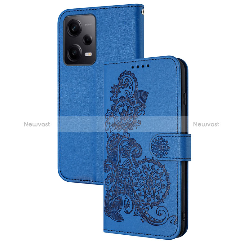 Leather Case Stands Flip Flowers Cover Holder Y01X for Xiaomi Redmi Note 12 Pro 5G Blue