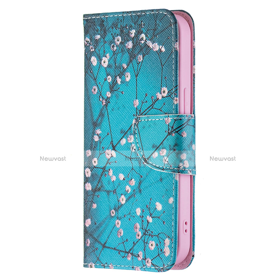 Leather Case Stands Flip Flowers Cover L01 Holder for Apple iPhone 13 Mini Cyan