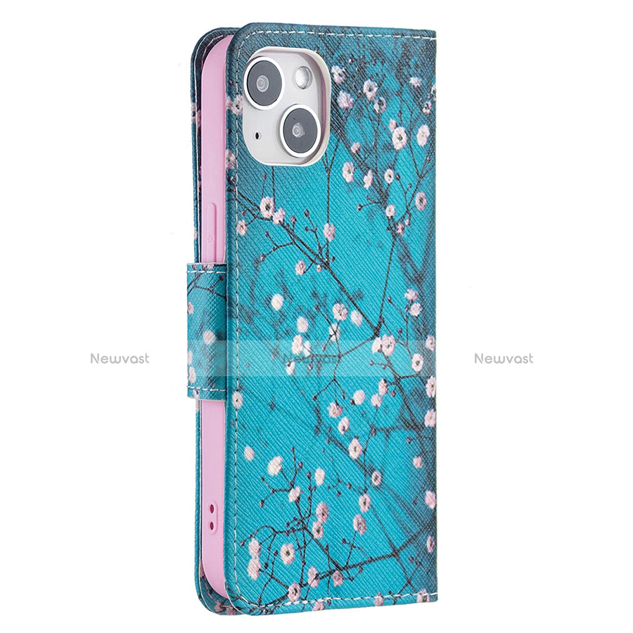 Leather Case Stands Flip Flowers Cover L01 Holder for Apple iPhone 13 Mini Cyan
