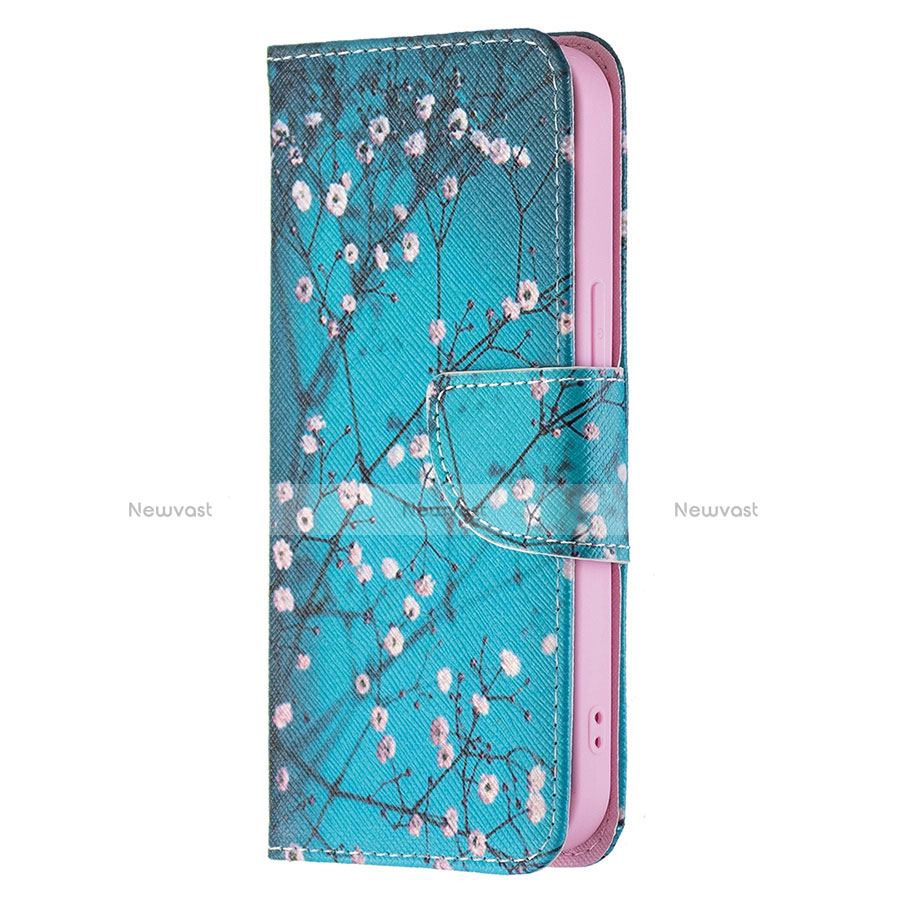 Leather Case Stands Flip Flowers Cover L01 Holder for Apple iPhone 14 Cyan