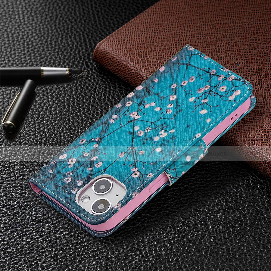 Leather Case Stands Flip Flowers Cover L01 Holder for Apple iPhone 14 Cyan