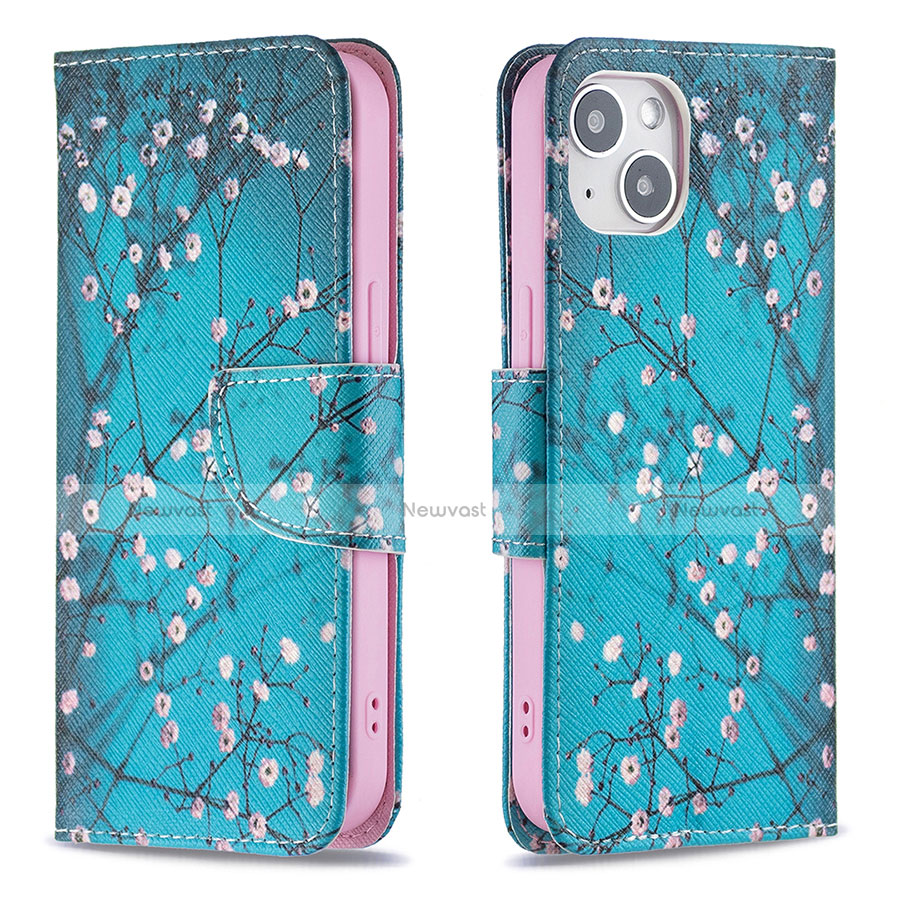 Leather Case Stands Flip Flowers Cover L01 Holder for Apple iPhone 14 Plus Cyan