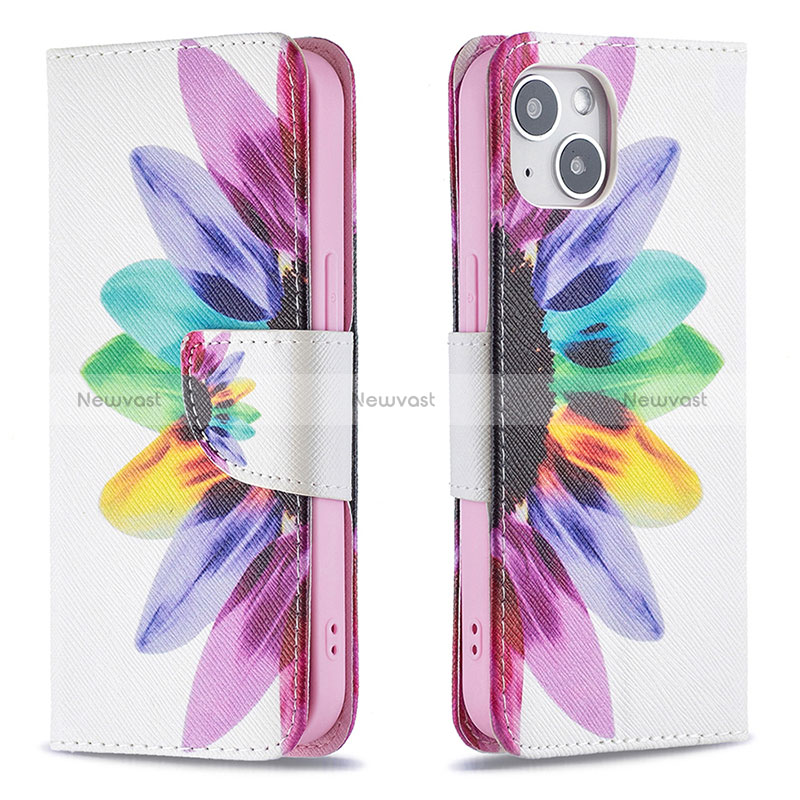 Leather Case Stands Flip Flowers Cover L01 Holder for Apple iPhone 15 Colorful