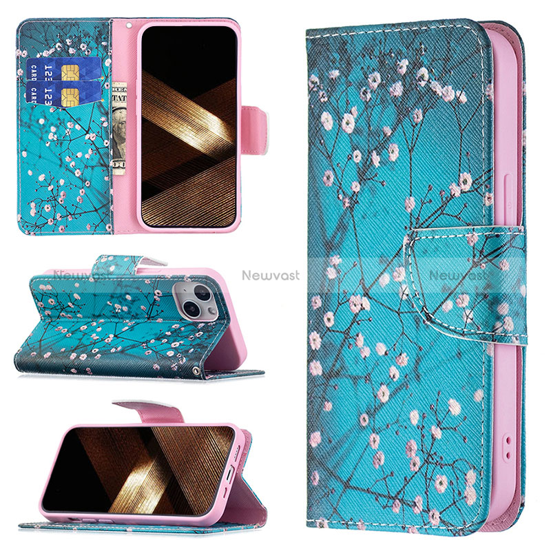 Leather Case Stands Flip Flowers Cover L01 Holder for Apple iPhone 15 Plus Cyan