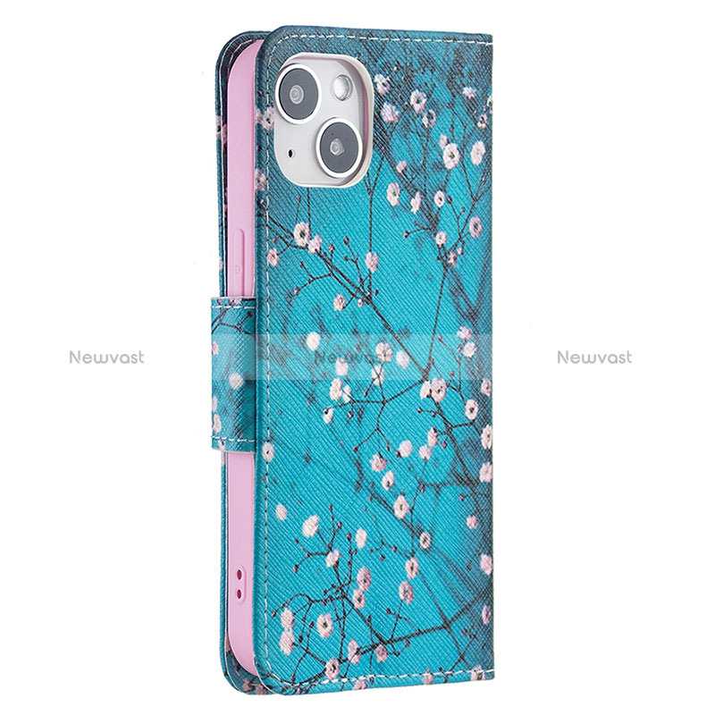 Leather Case Stands Flip Flowers Cover L01 Holder for Apple iPhone 15 Plus Cyan