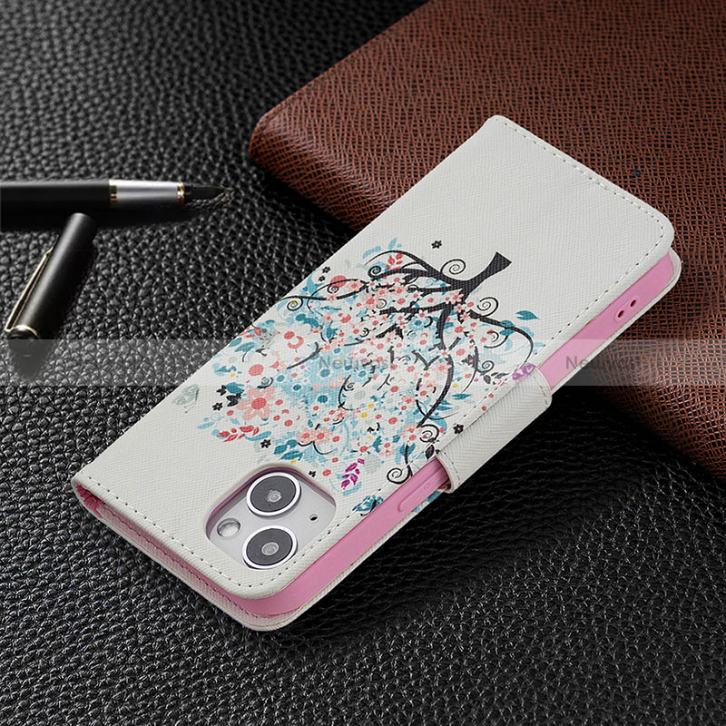 Leather Case Stands Flip Flowers Cover L01 Holder for Apple iPhone 15 Plus Mixed