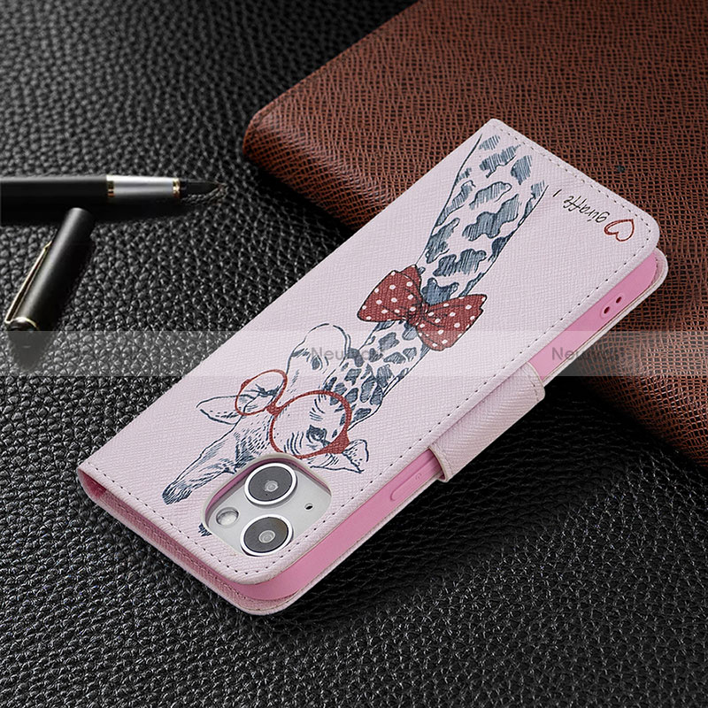 Leather Case Stands Flip Flowers Cover L01 Holder for Apple iPhone 15 Plus Pink