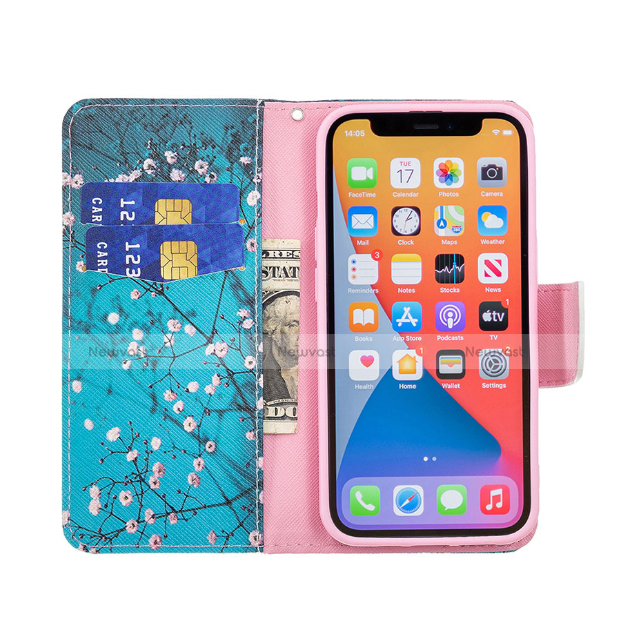 Leather Case Stands Flip Flowers Cover L02 Holder for Apple iPhone 13 Pro Max Cyan