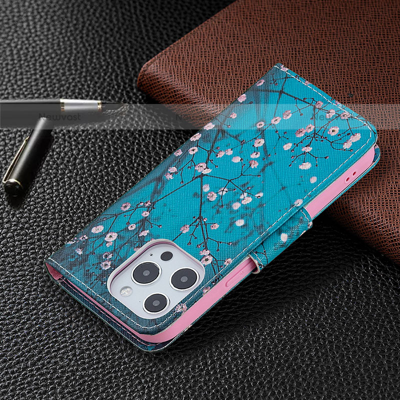 Leather Case Stands Flip Flowers Cover L02 Holder for Apple iPhone 14 Pro Cyan